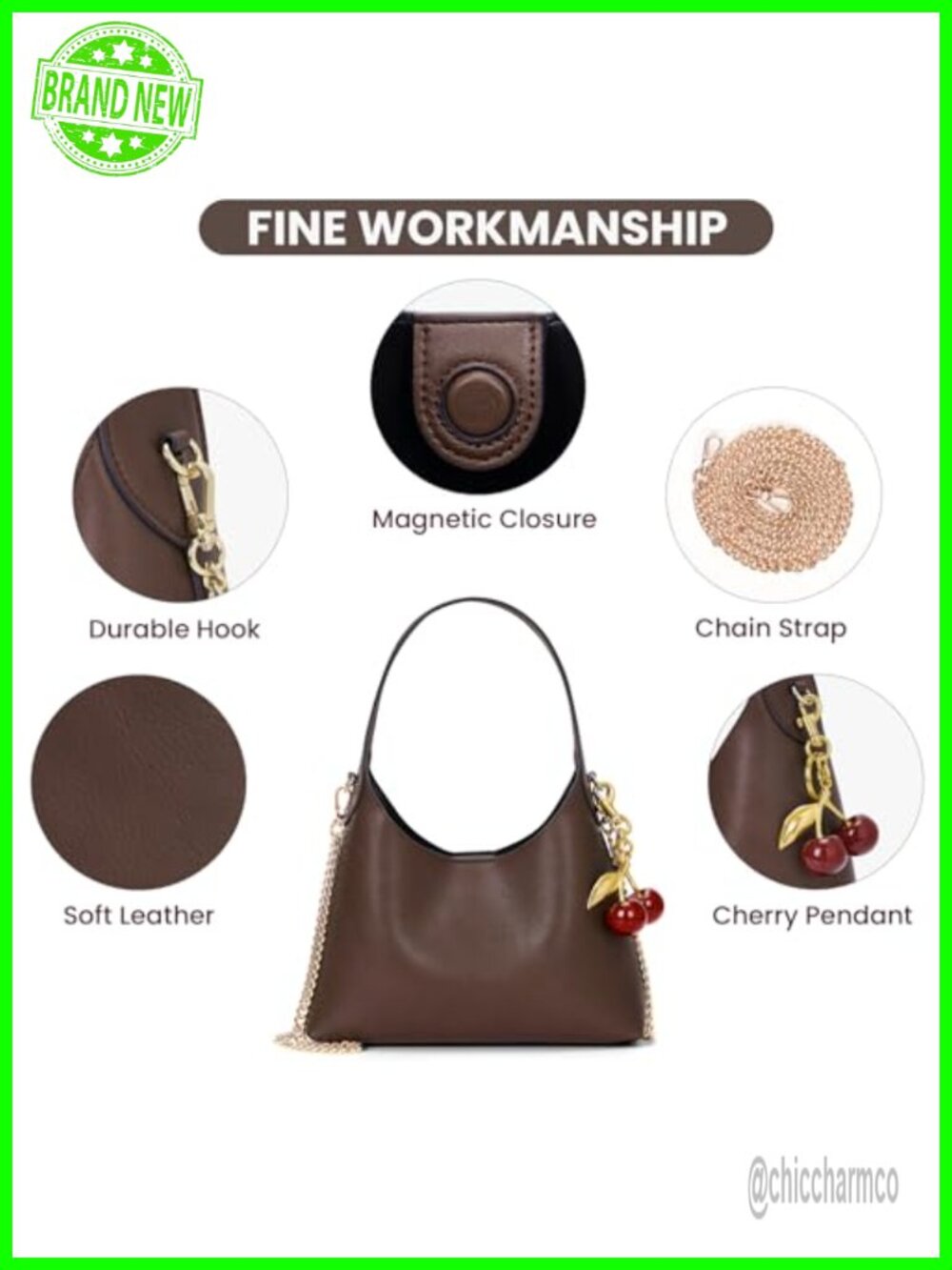 Small Hobo Bag Vegan Leather Shoulder Purse Detachable Chain Strap - Picture 5 of 6